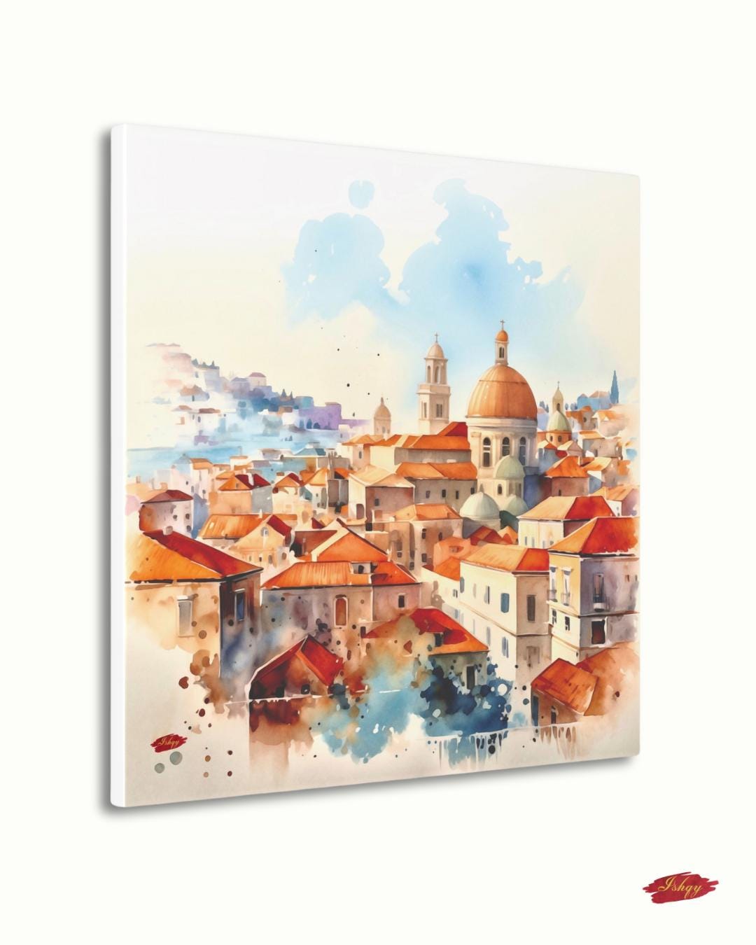 Dubrovnik Wall Art Canvas Print of Croatian Cityscape, Watercolor Painting with Terracotta Roofs, Square Travel Decor for Living Room
