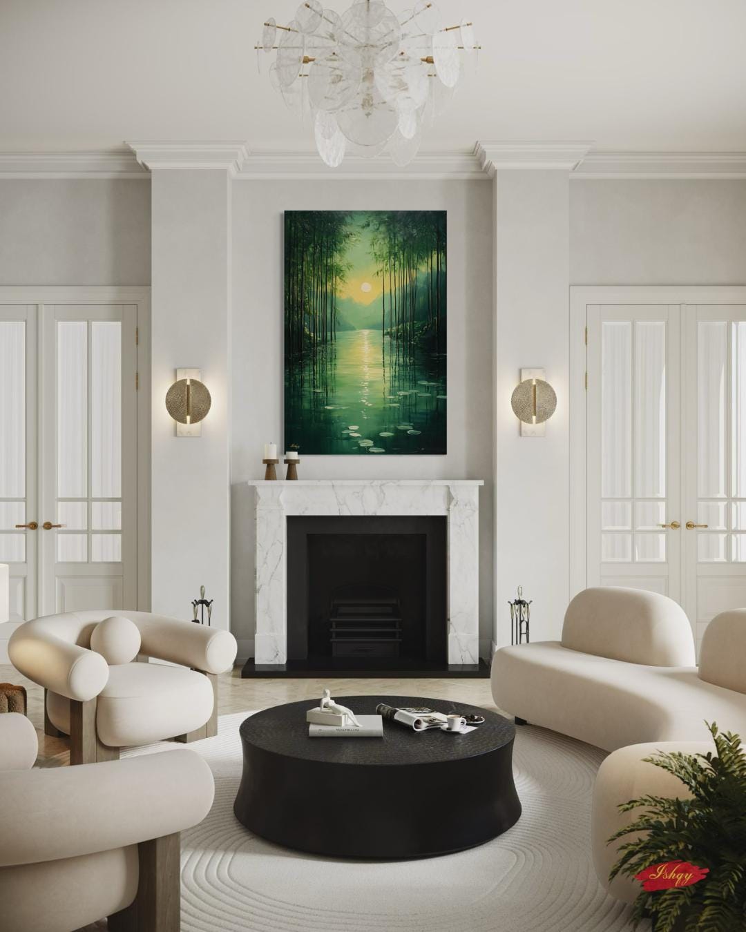 Bamboo Forest Wall Art Canvas Print with Water Reflection, Green Nature Landscape Painting, Vertical Zen Home Decor for Bedroom or Spa