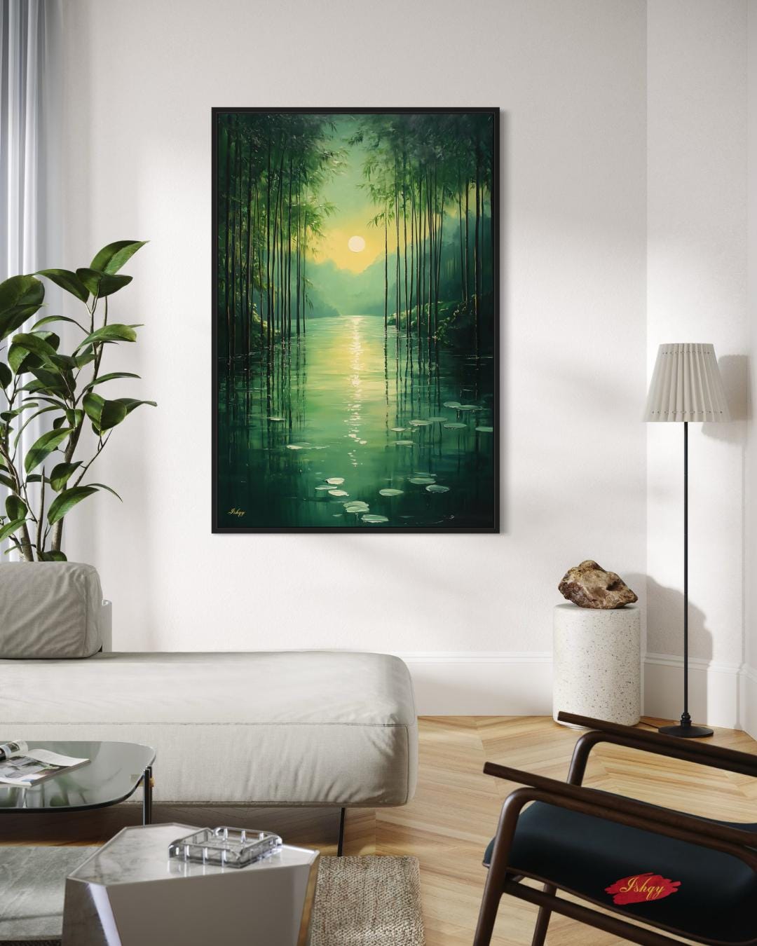 Bamboo Forest Wall Art Canvas Print with Water Reflection, Green Nature Landscape Painting, Vertical Zen Home Decor for Bedroom or Spa