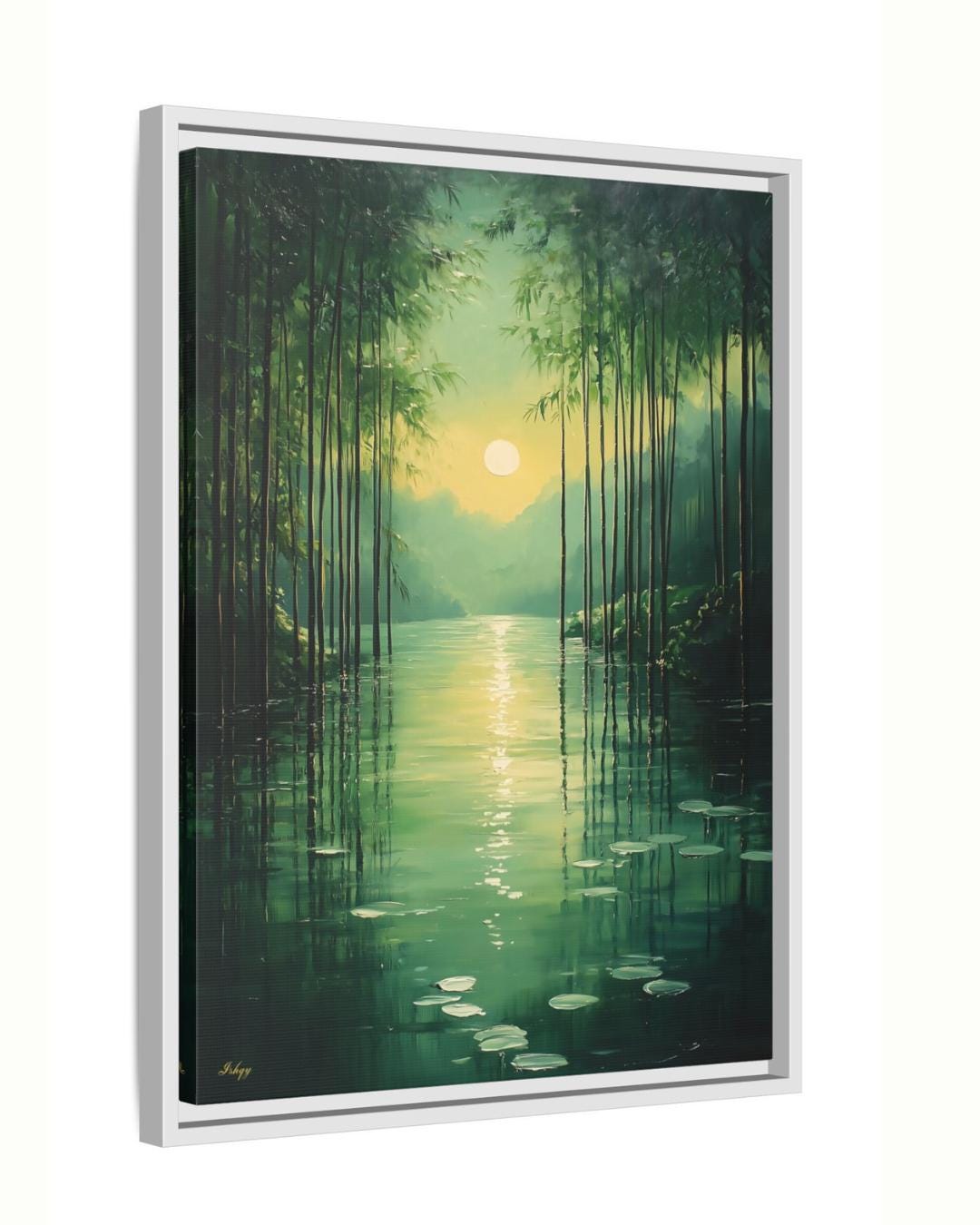Bamboo Forest Wall Art Canvas Print with Water Reflection, Green Nature Landscape Painting, Vertical Zen Home Decor for Bedroom or Spa