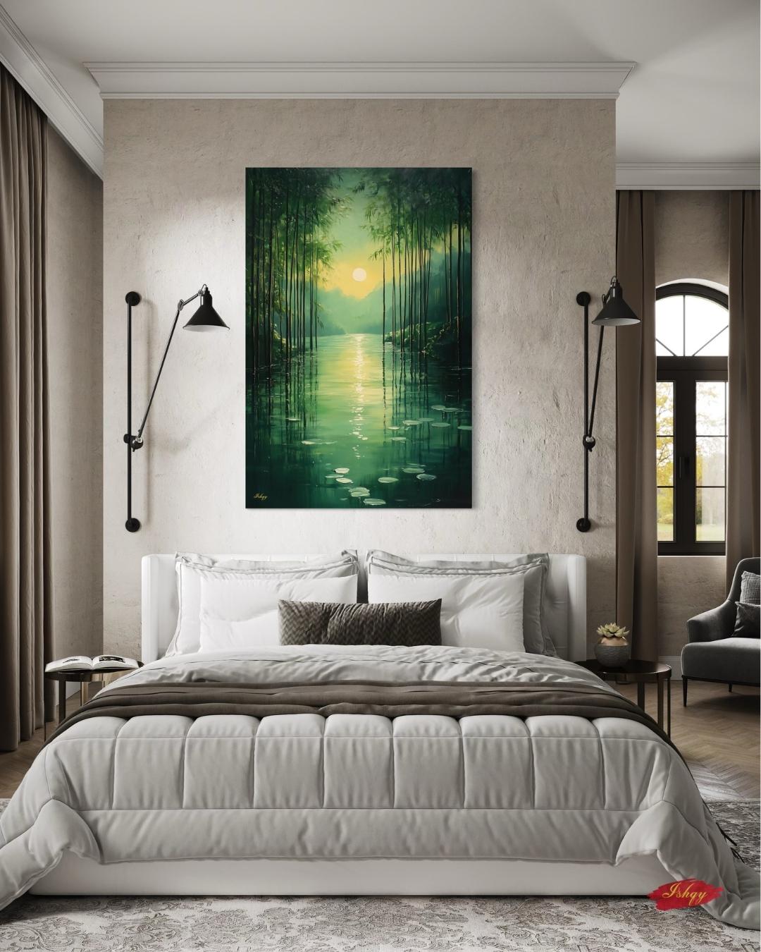 Bamboo Forest Wall Art Canvas Print with Water Reflection, Green Nature Landscape Painting, Vertical Zen Home Decor for Bedroom or Spa