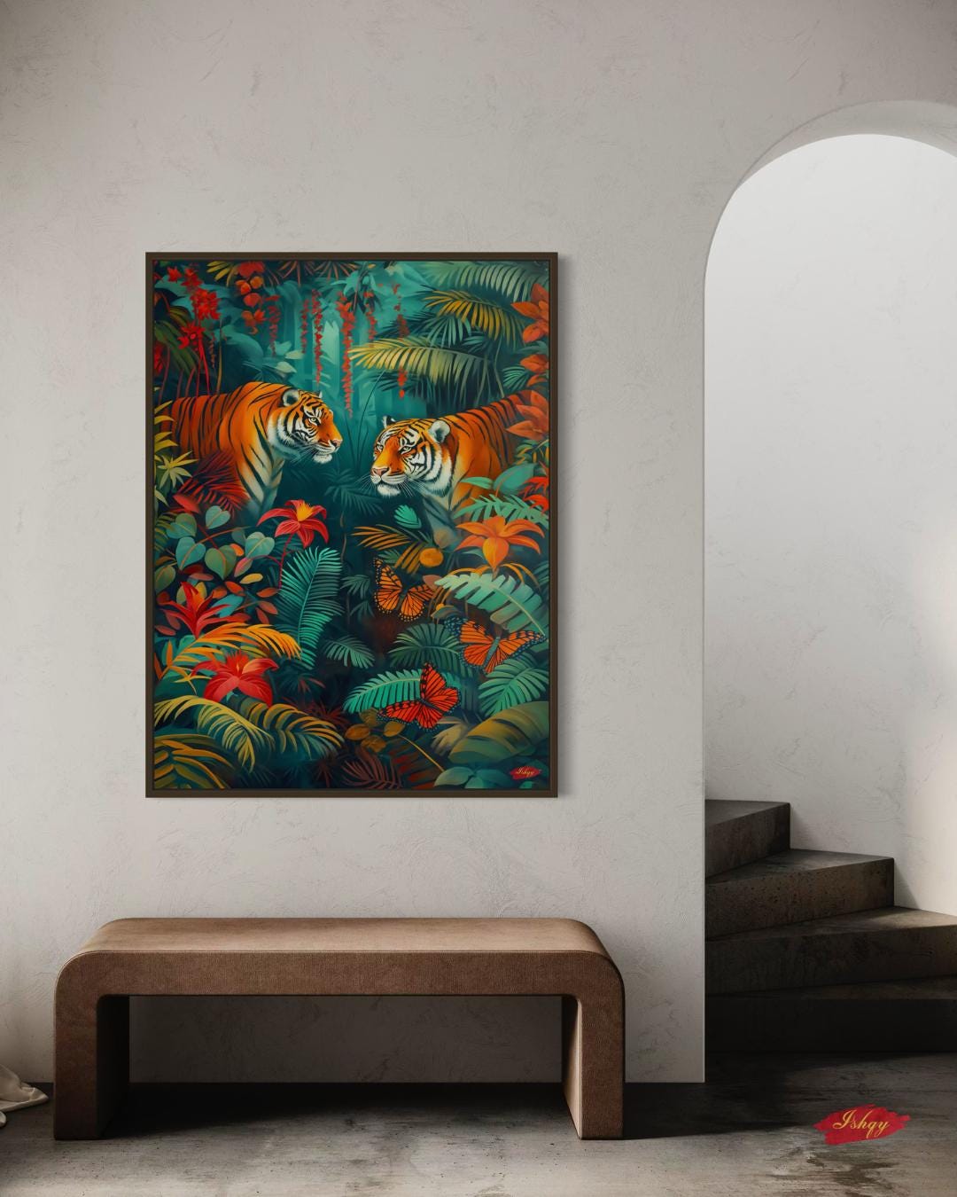 Tiger Wall Art Canvas Print with Tropical Jungle Leaves and Butterflies, Vibrant Wildlife Painting, Vertical Safari Animal Decor for Home