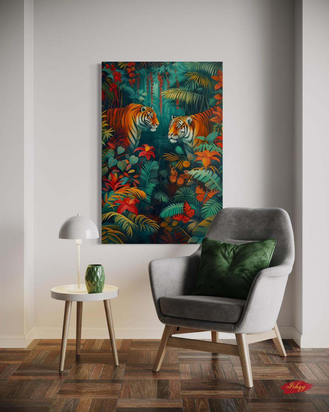Tiger Wall Art Canvas Print with Tropical Jungle Leaves and Butterflies, Vibrant Wildlife Painting, Vertical Safari Animal Decor for Home