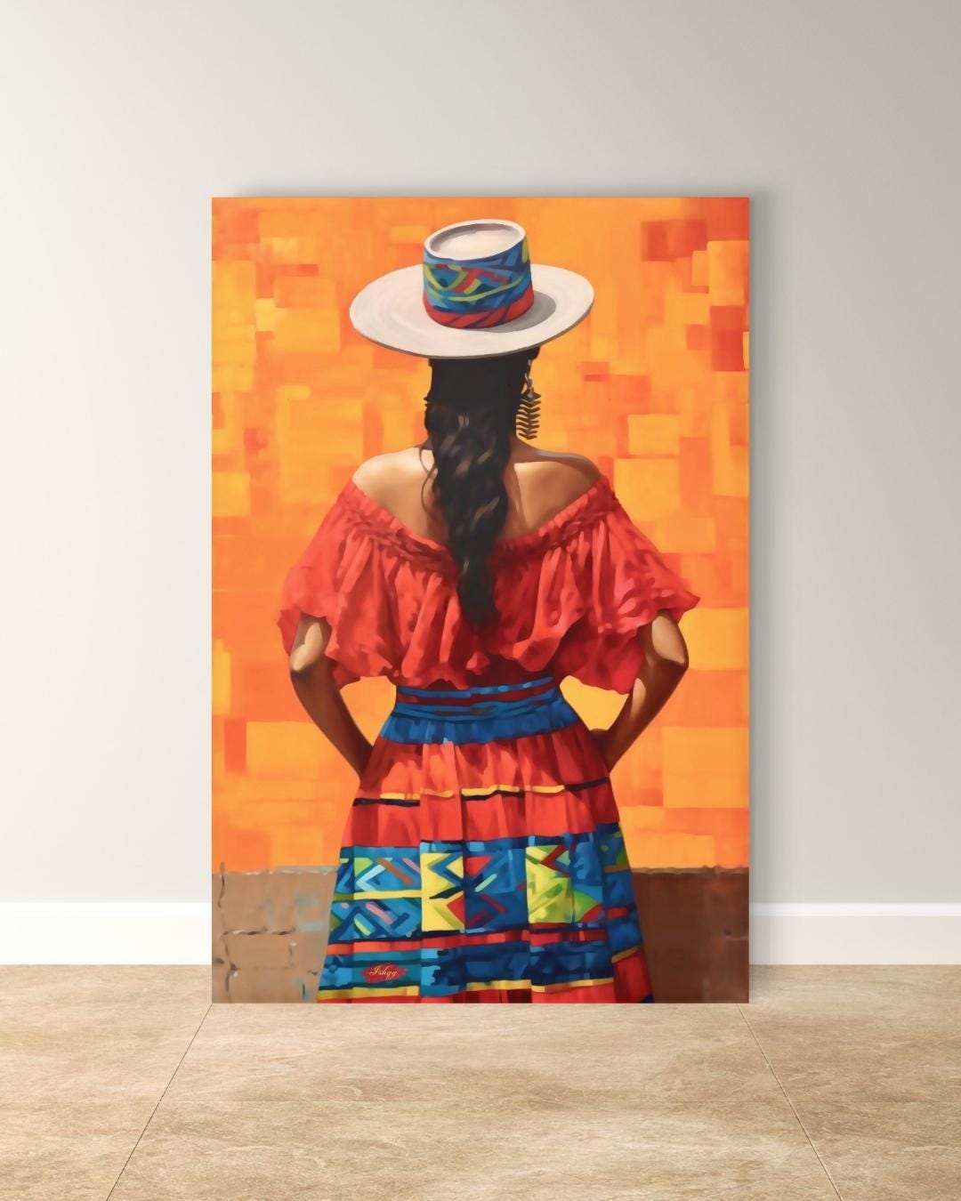 Colombian Woman Wall Art Print, Colorful Traditional Canvas, Boho Wall Decor, Framed Latin America Art, Andean Home Print Vibrant
Pasion Colombiana is a bold painting print of a Colombian woman in a vibrant traditional dress and hat, standing against a fiery orange backdrop. This striking wall art captures the spirited essence of Colombian culture and brings warmth, color, and