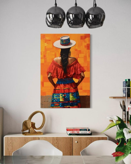 Colombian Woman Wall Art Print, Colorful Traditional Canvas, Boho Wall Decor, Framed Latin America Art, Andean Home Print Vibrant
Pasion Colombiana is a bold painting print of a Colombian woman in a vibrant traditional dress and hat, standing against a fiery orange backdrop. This striking wall art captures the spirited essence of Colombian culture and brings warmth, color, and