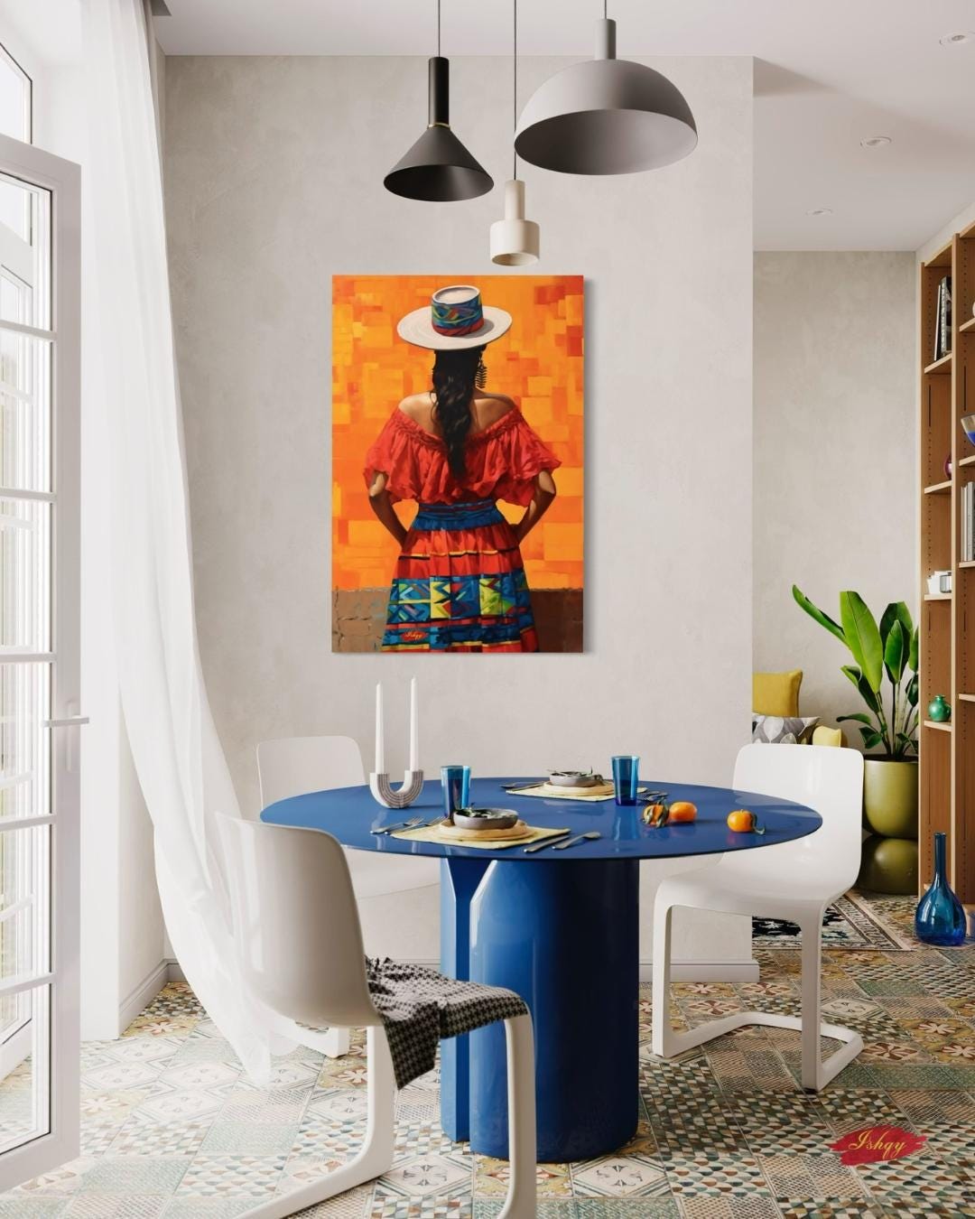 Colombian Woman Wall Art Print, Colorful Traditional Canvas, Boho Wall Decor, Framed Latin America Art, Andean Home Print Vibrant
Pasion Colombiana is a bold painting print of a Colombian woman in a vibrant traditional dress and hat, standing against a fiery orange backdrop. This striking wall art captures the spirited essence of Colombian culture and brings warmth, color, and