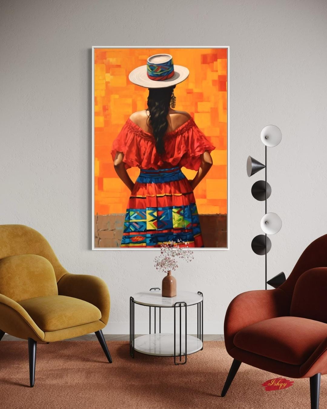 Colombian Woman Wall Art Print, Colorful Traditional Canvas, Boho Wall Decor, Framed Latin America Art, Andean Home Print Vibrant
Pasion Colombiana is a bold painting print of a Colombian woman in a vibrant traditional dress and hat, standing against a fiery orange backdrop. This striking wall art captures the spirited essence of Colombian culture and brings warmth, color, and
