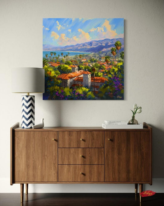 Santa Barbara Wall Art Print, California Coastal Canvas, Vibrant Seaside Wall Decor, Framed Travel Art, Mediterranean Home Print
Pacific Sol art print of sunny Santa Barbara, California with ocean views & red-tiled roofs. Canvas & framed canvas. Coastal California wall decor.
