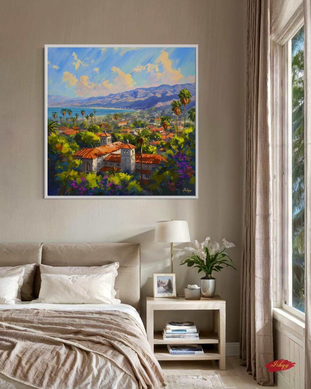 Santa Barbara Wall Art Print, California Coastal Canvas, Vibrant Seaside Wall Decor, Framed Travel Art, Mediterranean Home Print
Pacific Sol art print of sunny Santa Barbara, California with ocean views & red-tiled roofs. Canvas & framed canvas. Coastal California wall decor.