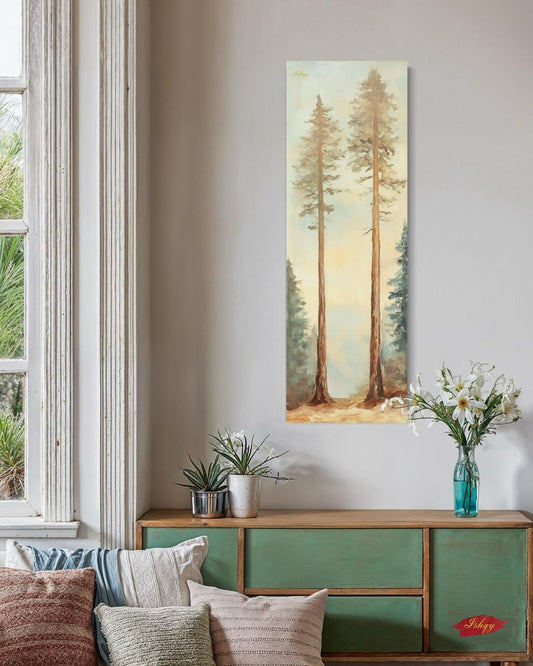 Twin Pines art print of two elegant forest trees under a soft sky. Canvas & framed canvas painting print, perfect for calm, nature-inspired home decor.