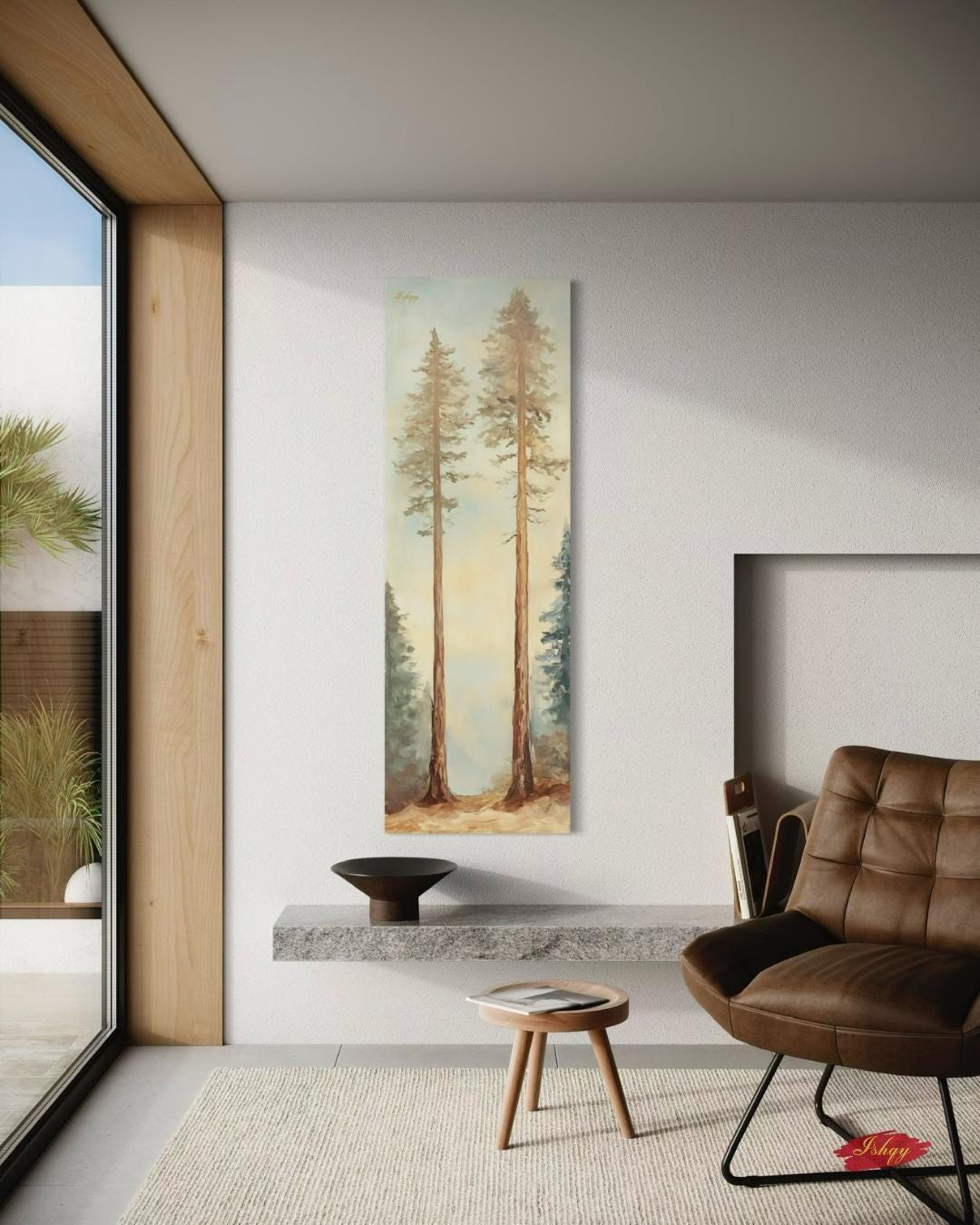 Twin Pines art print of two elegant forest trees under a soft sky. Canvas & framed canvas painting print, perfect for calm, nature-inspired home decor.