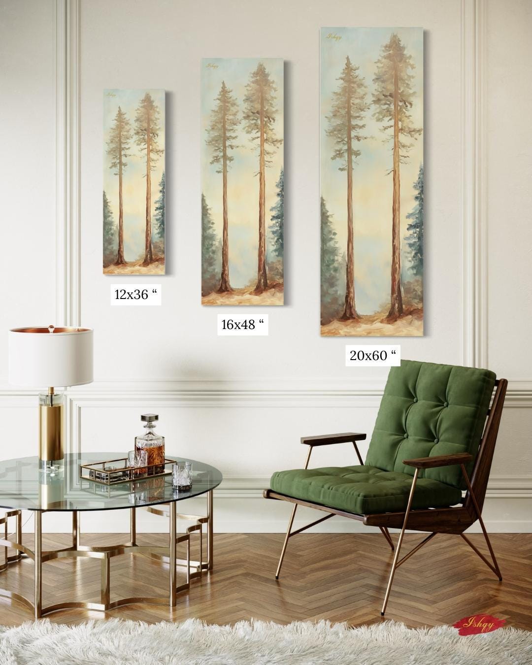 Twin Pines art print of two elegant forest trees under a soft sky. Canvas & framed canvas painting print, perfect for calm, nature-inspired home decor.
