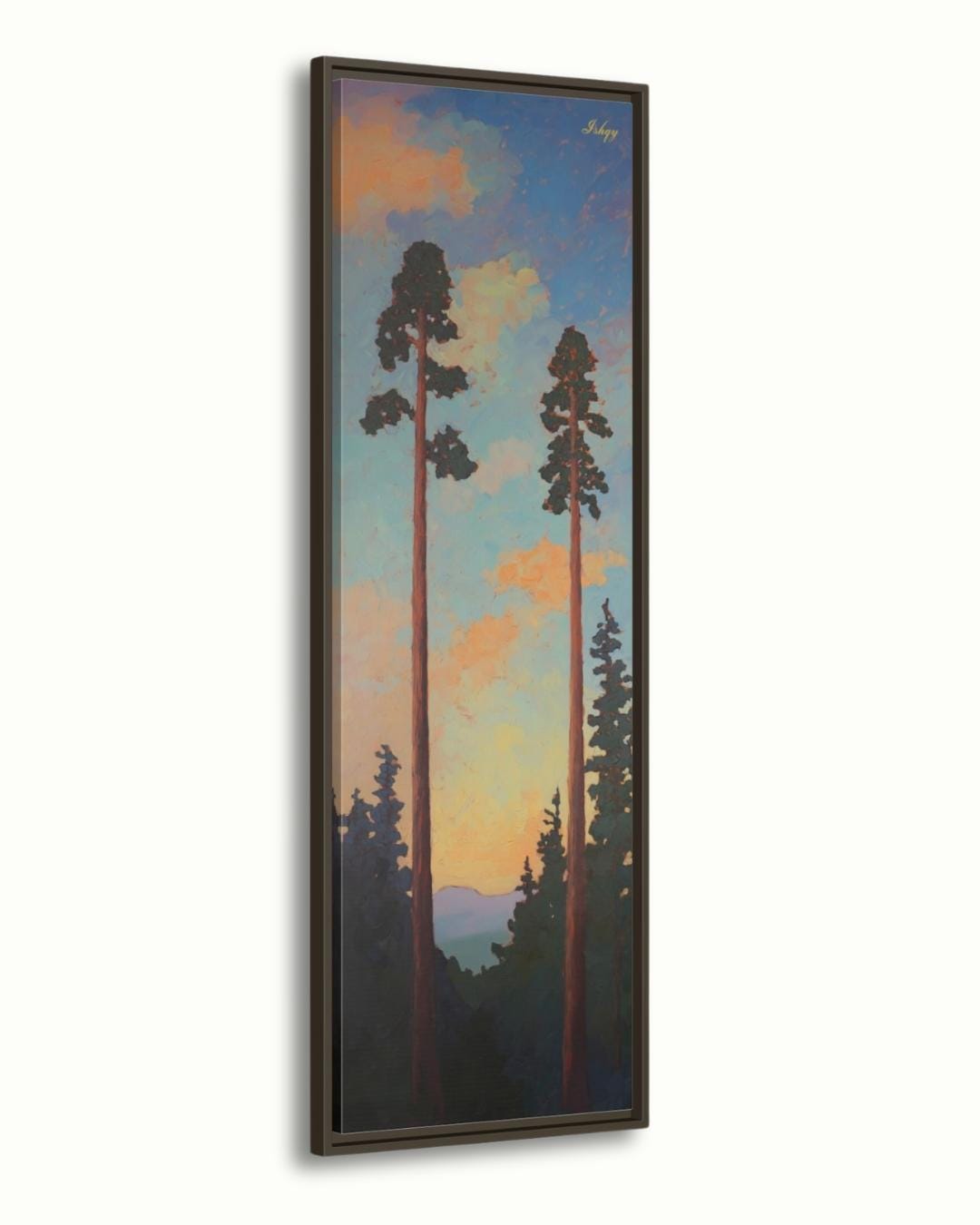 Sunset Pine Tree Wall Art, Tall Forest Canvas Print, Nature Landscape Painting, Framed Woodland Decor, Rustic Tree Art Print. Towering Tranquility art print featuring tall pines at dusk with a serene sky. Canvas & framed canvas painting print for cal