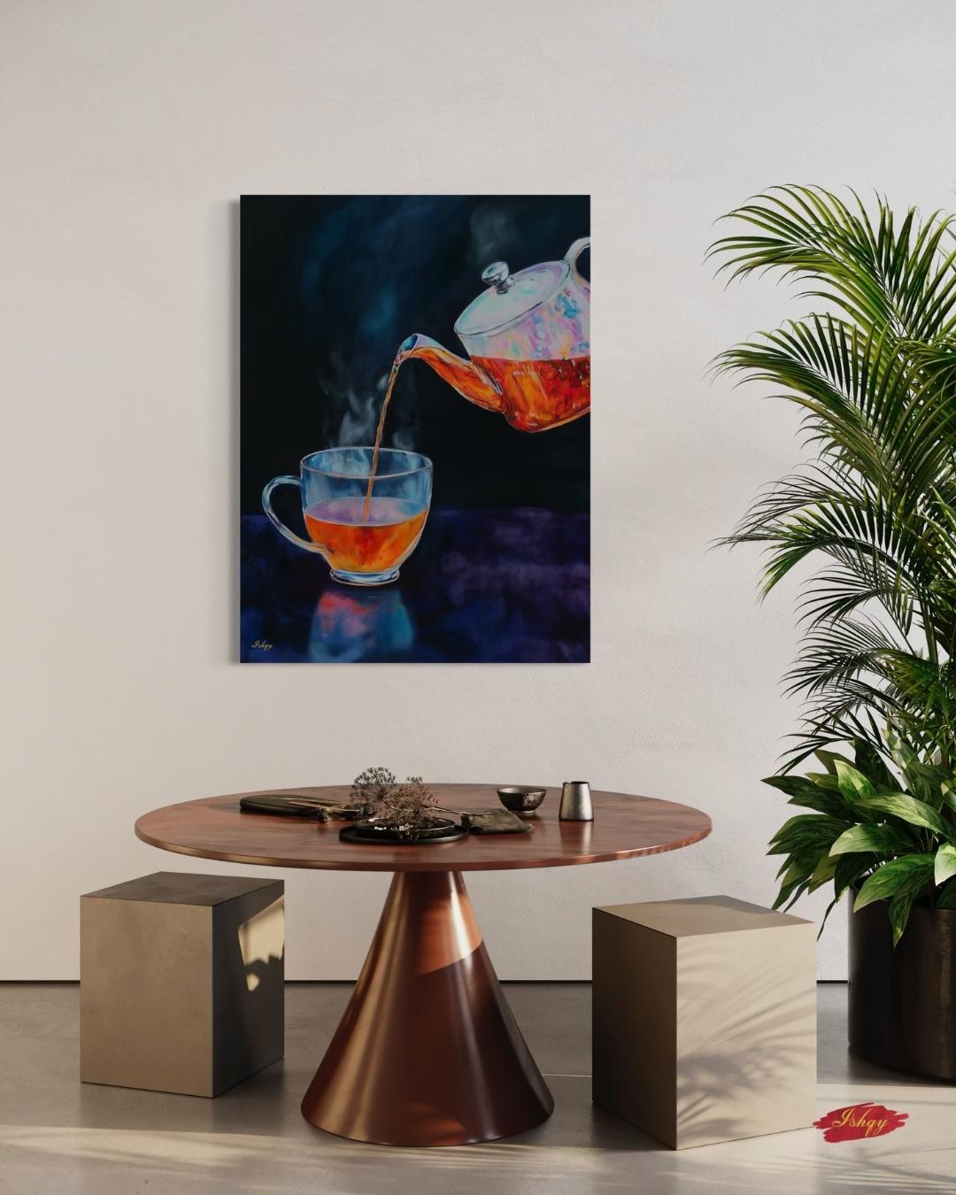 Tea Wall Art - Elegant Kitchen Print, Steaming Cup Canvas, Modern Cafe Decor, Cozy Home Artwork, Minimalist Drink Painting Print