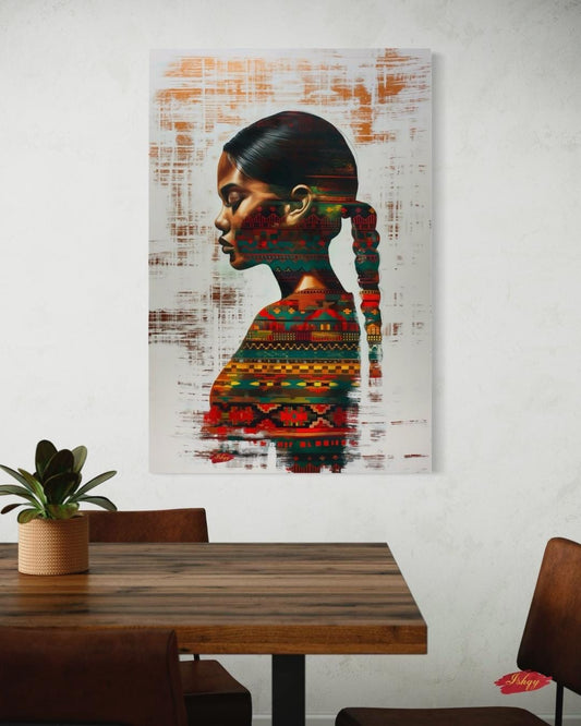 Afro-Latin Woman Wall Art Canvas Print with Colorful Ethnic Textiles, Venezuelan-Inspired Portrait Painting, Vertical Cultural Home Decor