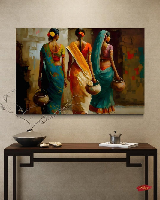 Indian Woman Canvas Wall Art with Colorful Sarees and Pots, Rural Life Painting Print, Horizontal Framed Cultural Decor for Home or Hallway