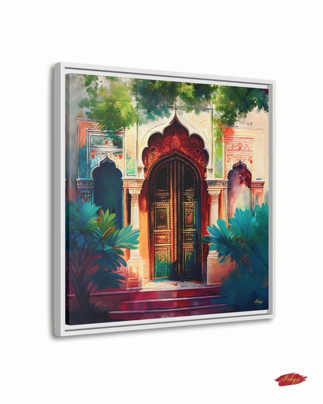This square canvas print features a beautifully detailed arched Indian door framed by lush greenery and intricate Rajasthani palace architecture. With its vibrant jewel tones and hand-carved texture, the artwork adds grandeur and warmth to any space. Perfect for cultural decor lovers or those drawn to architectural elegance, this piece is available as a canvas or framed canvas in multiple sizes.