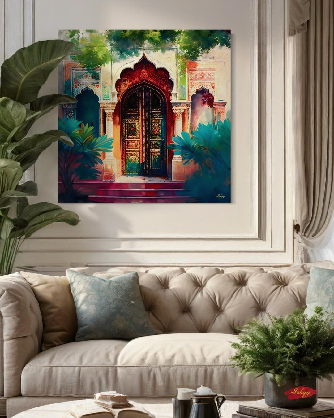 Indian Door Wall Art Canvas Print with Ornate Archway and Palace Design, Square Rajasthani Architecture Painting for Cultural Home Decor