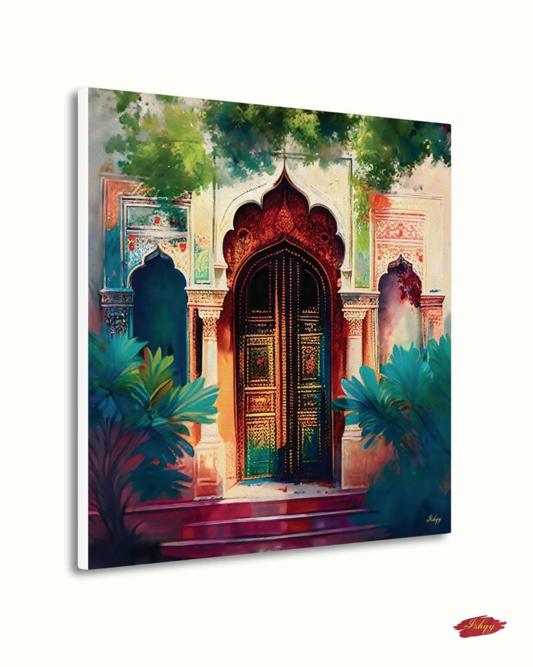 Indian Door Wall Art Canvas Print with Ornate Archway and Palace Design, Square Rajasthani Architecture Painting for Cultural Home Decor