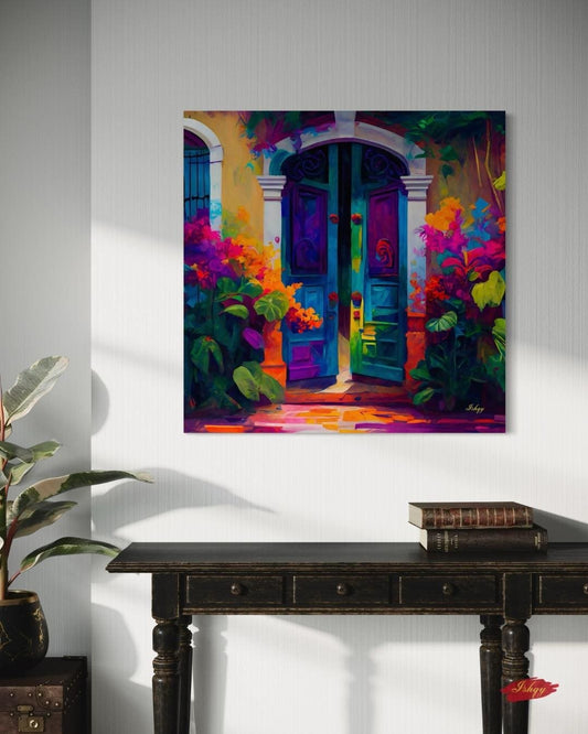 Umbral Florido | Vibrant Mexican Doorway Wall Art Print | IshqyBusiness. Bougainvillea Door art print of a vibrant Mexican doorway with lush flowers. Canvas & framed canvas painting print for joyful, colorful home wall decor.
