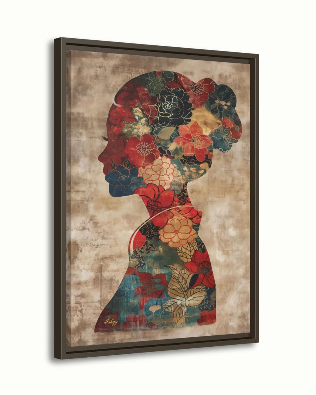Asian Woman Wall Art Canvas Print with Floral Silhouette Pattern, Vertical Chinese Portrait Painting, Cultural Decor for Bedroom or Entryway