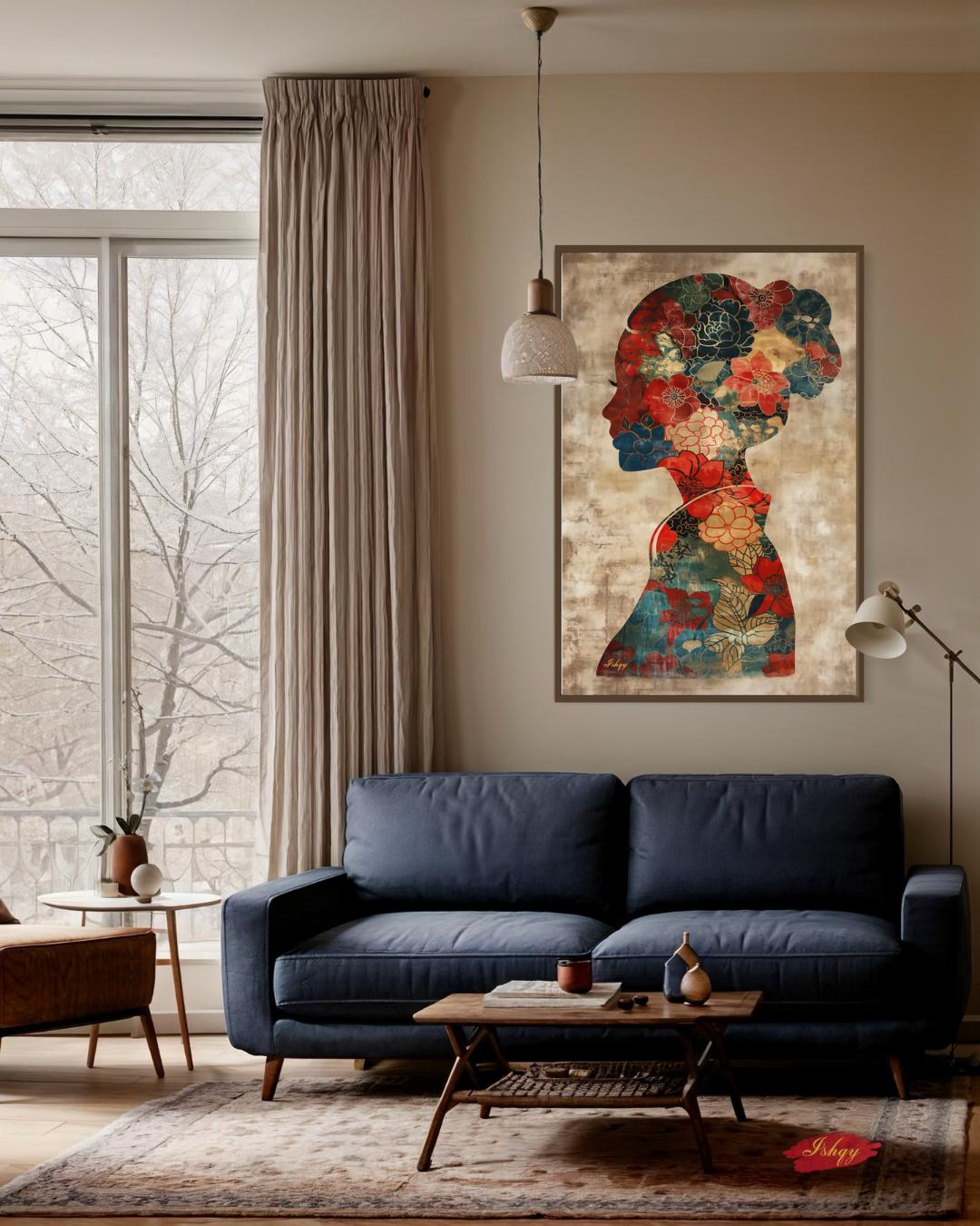 Asian Woman Wall Art Canvas Print with Floral Silhouette Pattern, Vertical Chinese Portrait Painting, Cultural Decor for Bedroom or Entryway