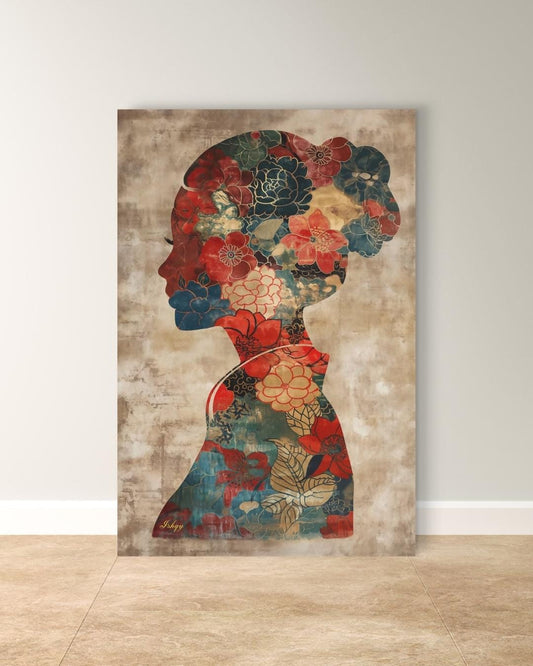 Asian Woman Wall Art Canvas Print with Floral Silhouette Pattern, Vertical Chinese Portrait Painting, Cultural Decor for Bedroom or Entryway