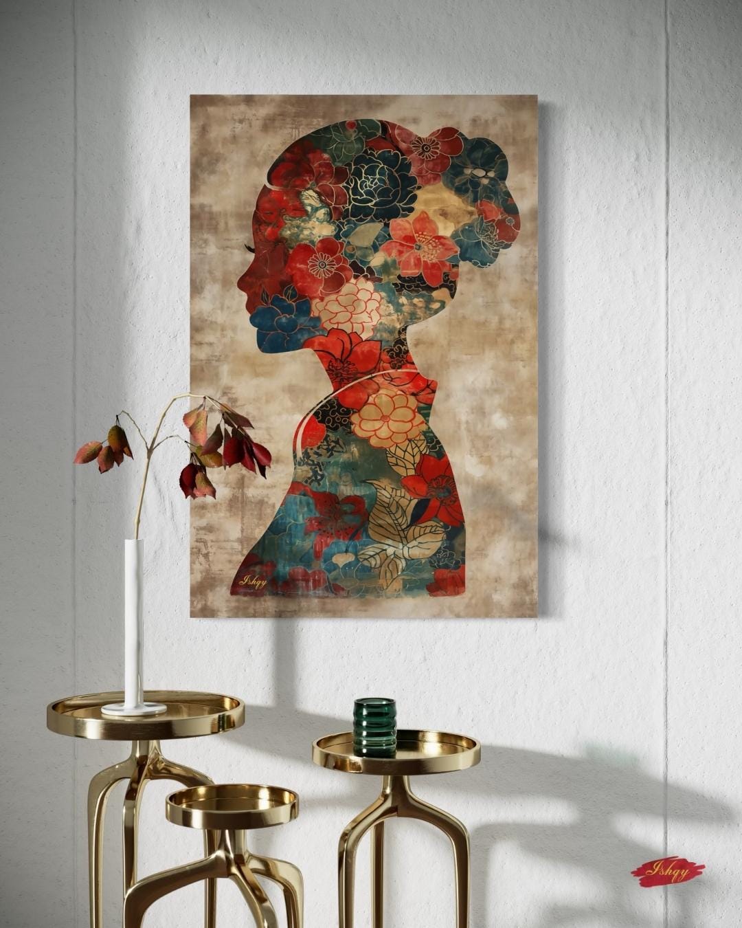 Asian Woman Wall Art Canvas Print with Floral Silhouette Pattern, Vertical Chinese Portrait Painting, Cultural Decor for Bedroom or Entryway