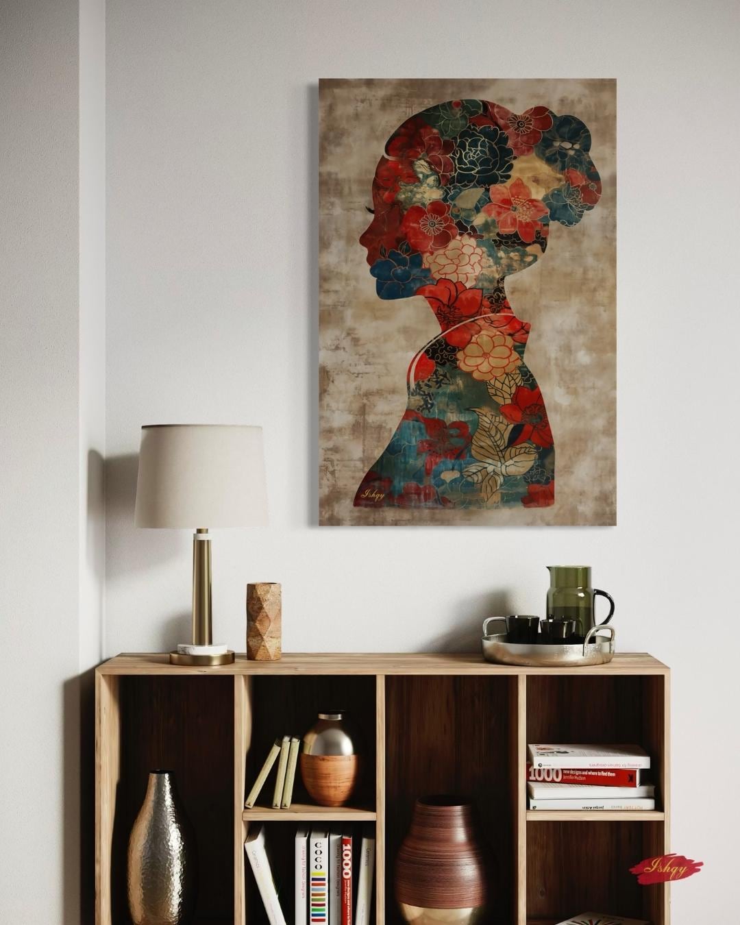 Asian Woman Wall Art Canvas Print with Floral Silhouette Pattern, Vertical Chinese Portrait Painting, Cultural Decor for Bedroom or Entryway