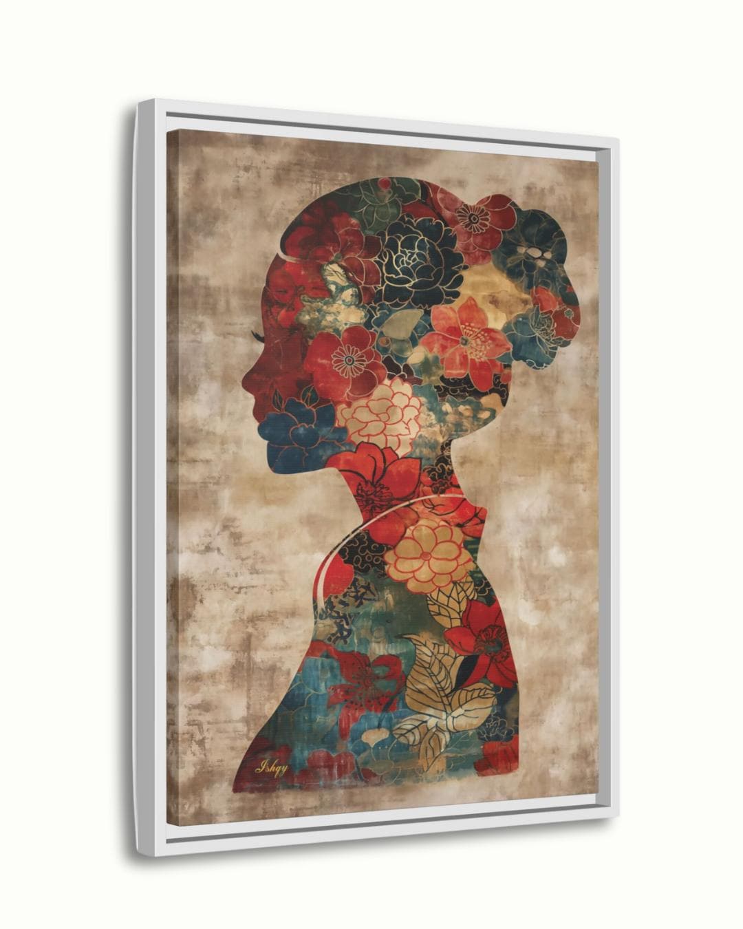 Asian Woman Wall Art Canvas Print with Floral Silhouette Pattern, Vertical Chinese Portrait Painting, Cultural Decor for Bedroom or Entryway