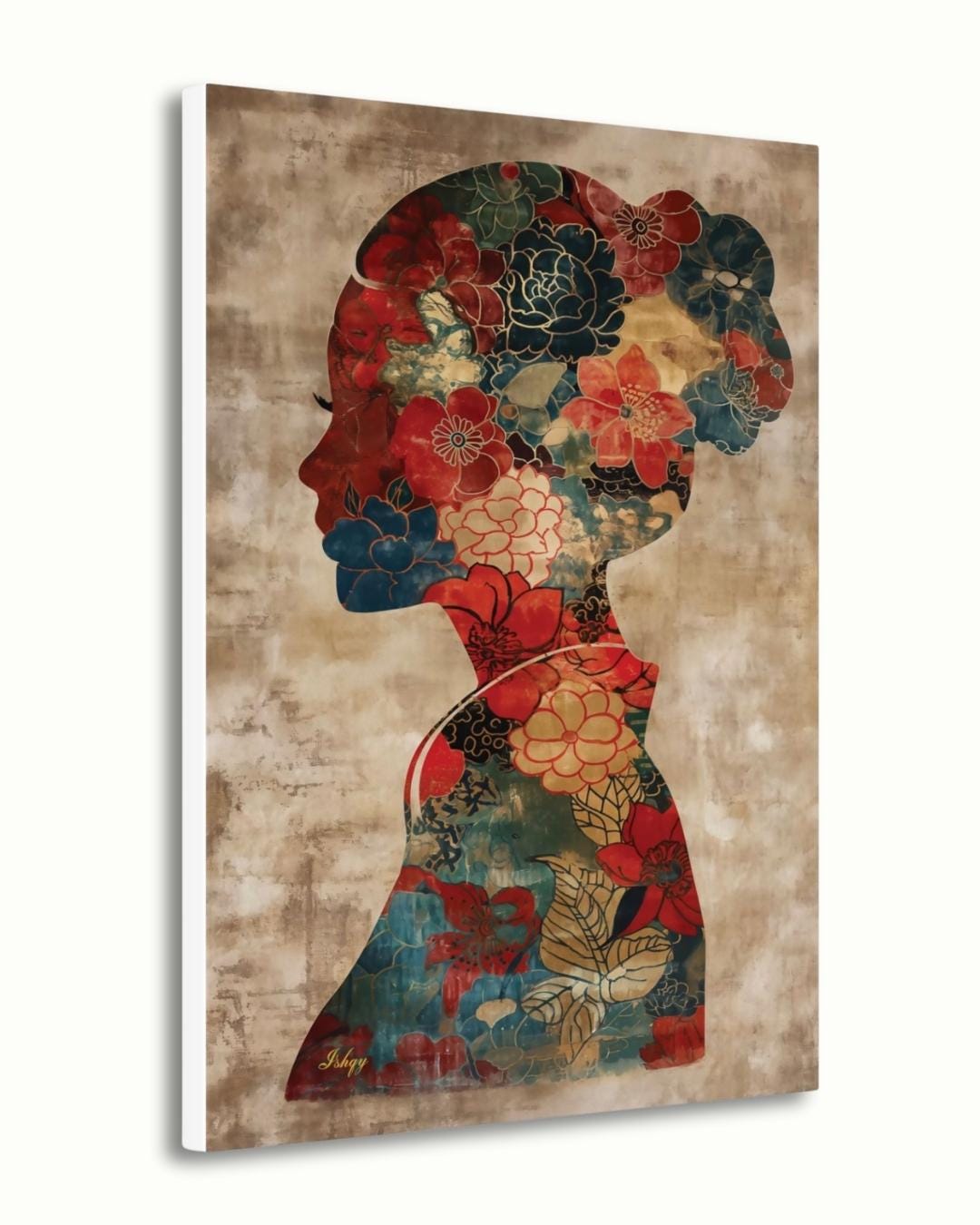 Asian Woman Wall Art Canvas Print with Floral Silhouette Pattern, Vertical Chinese Portrait Painting, Cultural Decor for Bedroom or Entryway
