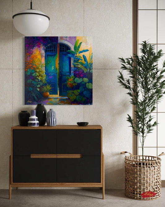 Azul Colonial | Colonial Doorway Wall Art Print | IshqyBusiness. Azul Colonial art print featuring a colorful colonial doorway with lush foliage. Canvas & framed canvas painting print for vibrant, cultural home decor.
Mexican Door Wall Art, Vibrant Floral Rustic Doorway Canvas Print, Colorful Boho Entry Painting, Exotic Framed Art for Home Decor