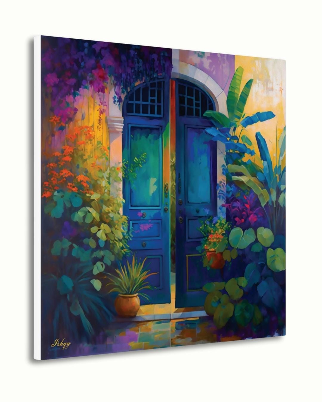 Azul Colonial | Colonial Doorway Wall Art Print | IshqyBusiness. Azul Colonial art print featuring a colorful colonial doorway with lush foliage. Canvas & framed canvas painting print for vibrant, cultural home decor.
Mexican Door Wall Art, Vibrant Floral Rustic Doorway Canvas Print, Colorful Boho Entry Painting, Exotic Framed Art for Home Decor