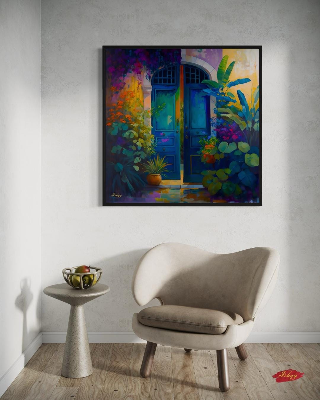 Azul Colonial | Colonial Doorway Wall Art Print | IshqyBusiness. Azul Colonial art print featuring a colorful colonial doorway with lush foliage. Canvas & framed canvas painting print for vibrant, cultural home decor.
Mexican Door Wall Art, Vibrant Floral Rustic Doorway Canvas Print, Colorful Boho Entry Painting, Exotic Framed Art for Home Decor