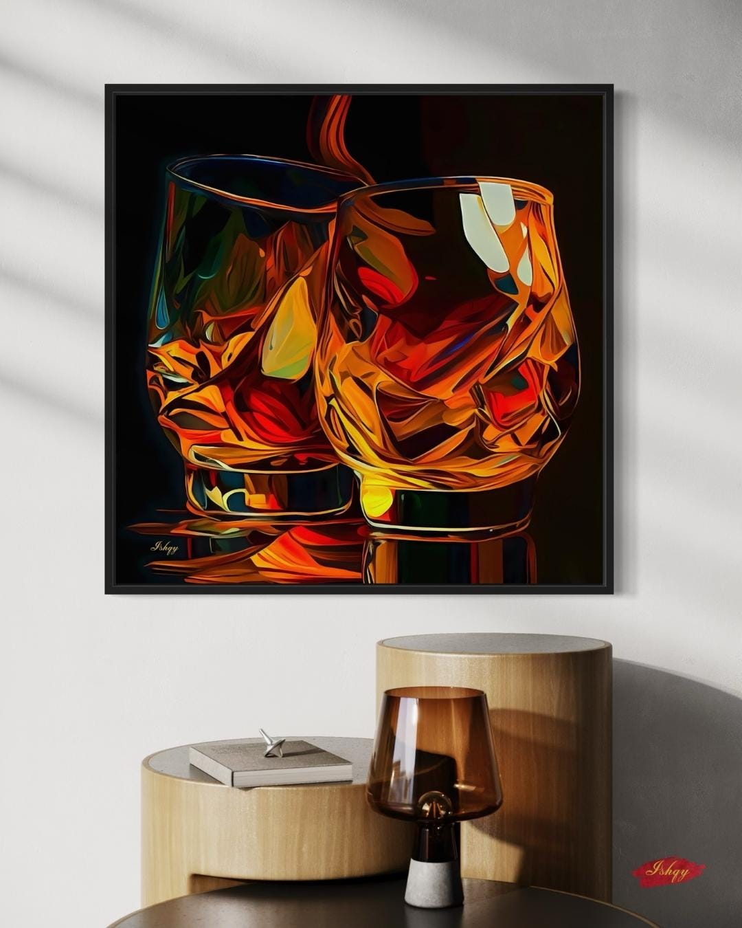 Whiskey Wall Art Canvas Print with Glass Pour Still Life, Square Bar and Lounge Decor, Bold Drink Painting for Kitchen or Home Bar Area