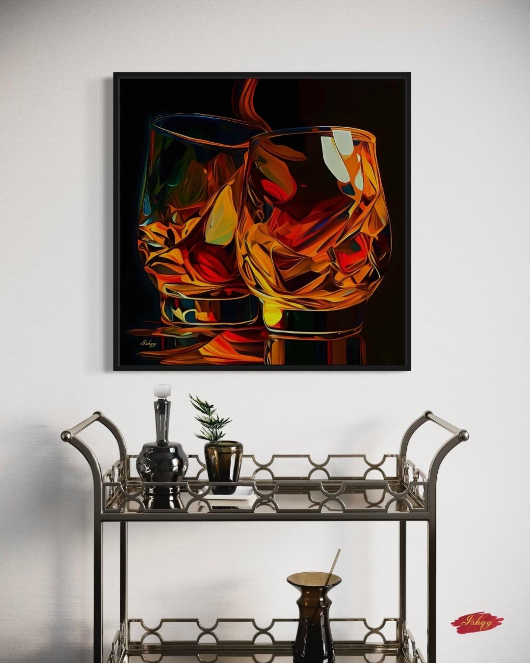 Whiskey Wall Art Canvas Print with Glass Pour Still Life, Square Bar and Lounge Decor, Bold Drink Painting for Kitchen or Home Bar Area