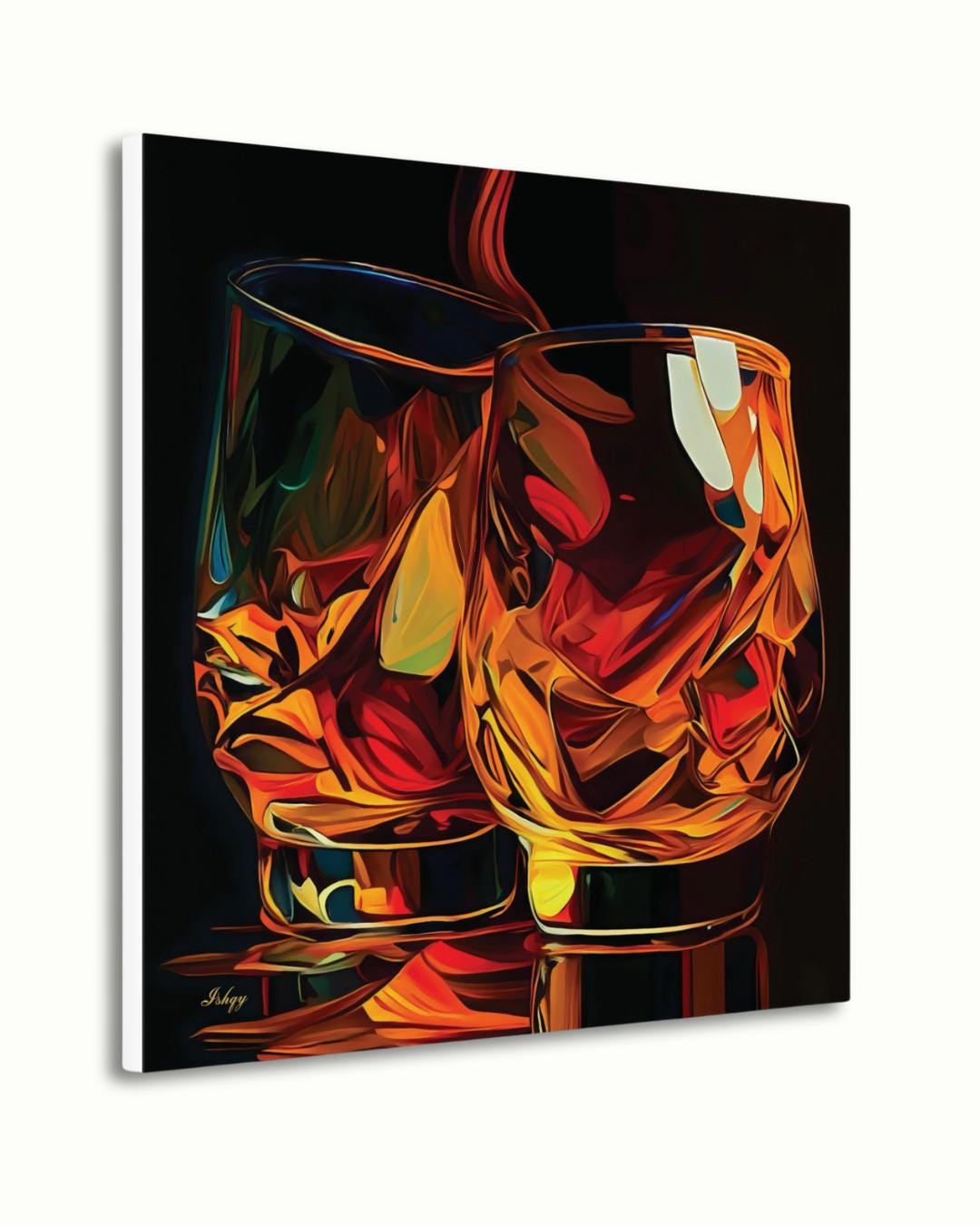 Whiskey Wall Art Canvas Print with Glass Pour Still Life, Square Bar and Lounge Decor, Bold Drink Painting for Kitchen or Home Bar Area