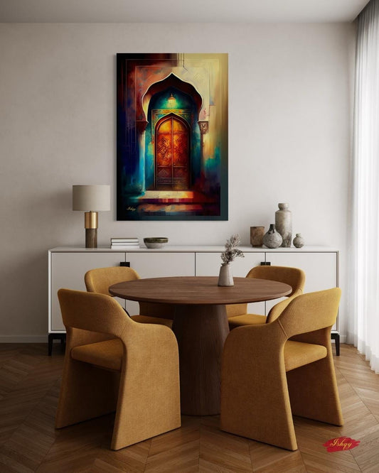Noor-e-Zehn | Pakistani Doorway Wall Art Print | IshqyBusiness. Noor-e-Zehn Pakistani door art print with vibrant arches & lantern glow. Canvas & framed canvas painting print for cultural, elegant home decor.