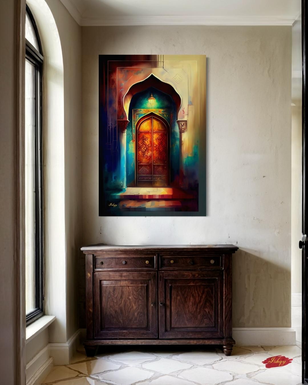 Noor-e-Zehn | Pakistani Doorway Wall Art Print | IshqyBusiness. Noor-e-Zehn Pakistani door art print with vibrant arches & lantern glow. Canvas & framed canvas painting print for cultural, elegant home decor.