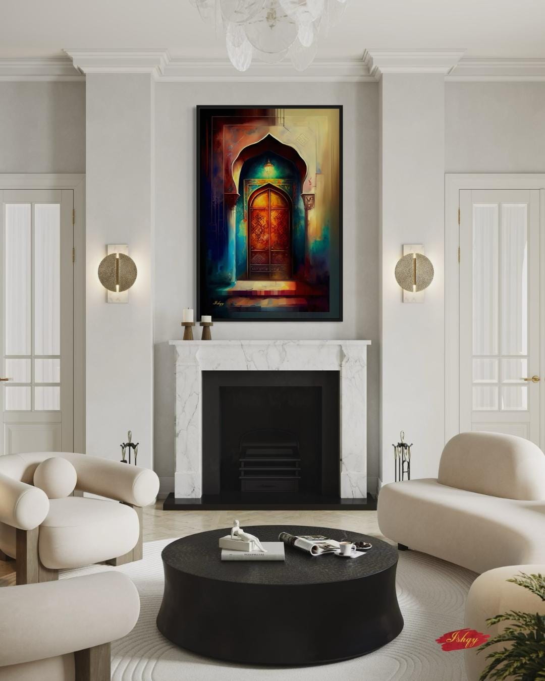 Noor-e-Zehn | Pakistani Doorway Wall Art Print | IshqyBusiness. Noor-e-Zehn Pakistani door art print with vibrant arches & lantern glow. Canvas & framed canvas painting print for cultural, elegant home decor.