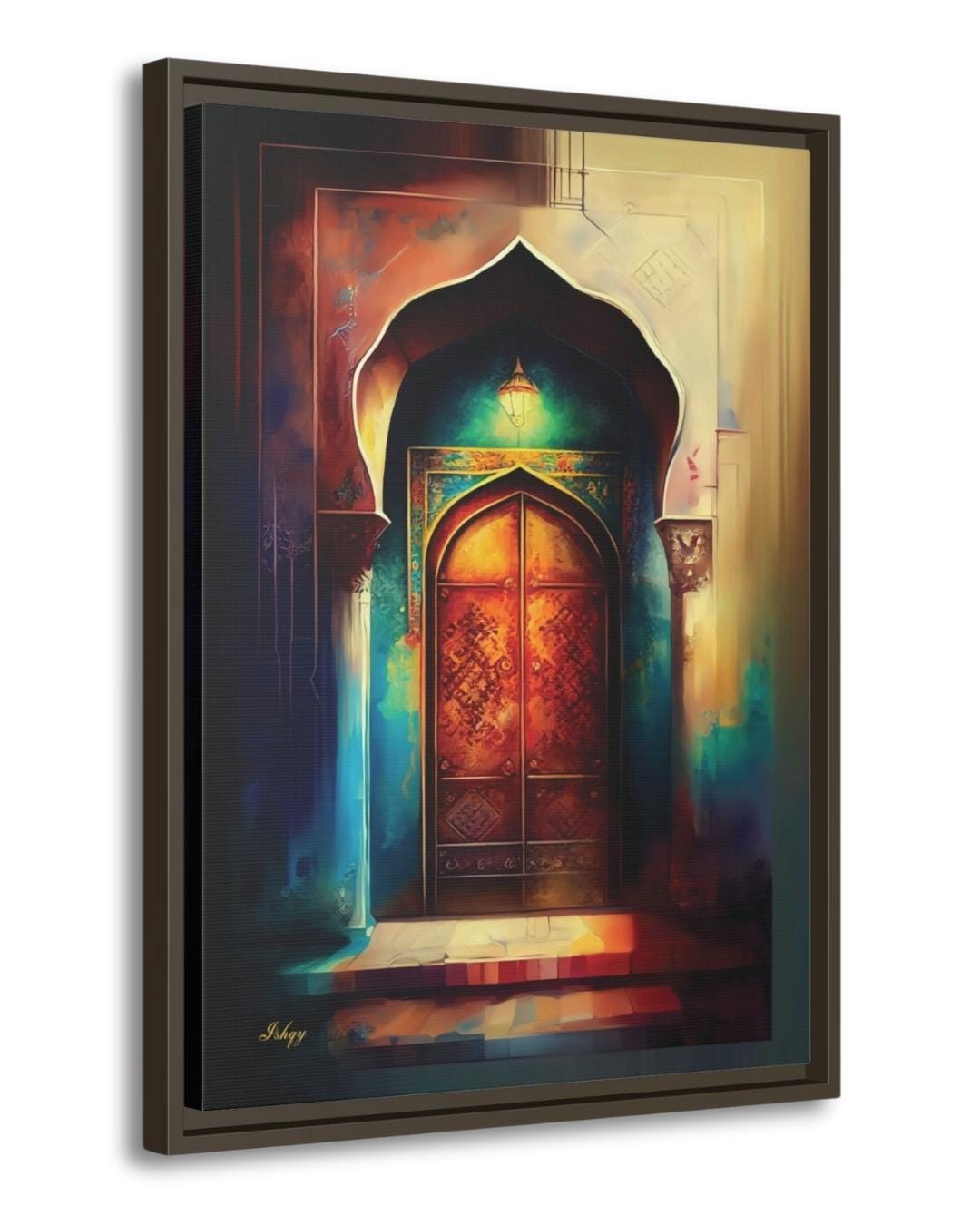 Noor-e-Zehn | Pakistani Doorway Wall Art Print | IshqyBusiness. Noor-e-Zehn Pakistani door art print with vibrant arches & lantern glow. Canvas & framed canvas painting print for cultural, elegant home decor.