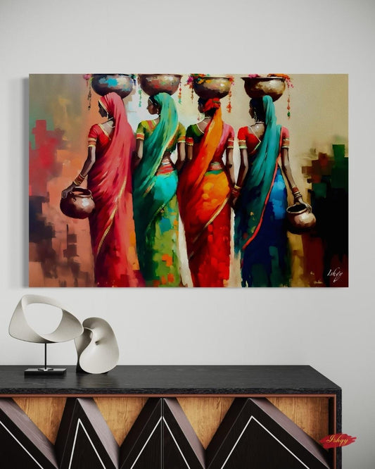 Indian Women Wall Art Horizontal Canvas Print, Colorful Saree Oil Painting Print, Village Life Wall Decor, Rustic Cultural Home Accent