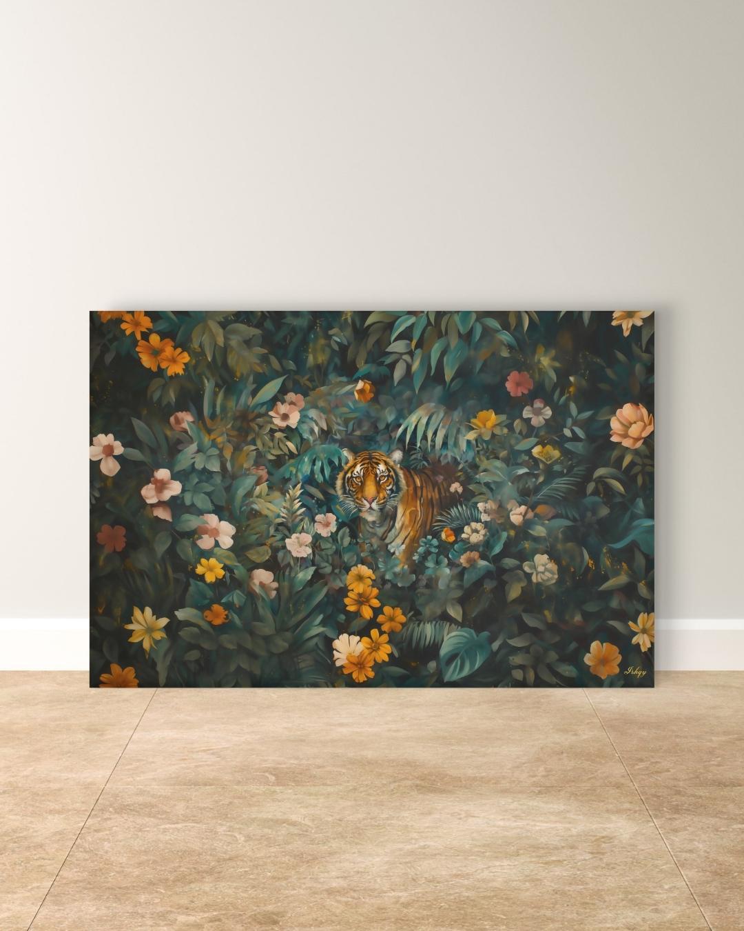 Tiger Wall Art Jungle Print, Floral Safari Animal Canvas, Dark Jungle Wall Decor, Bold Nature Painting, Wildlife Canvas for Home Decor