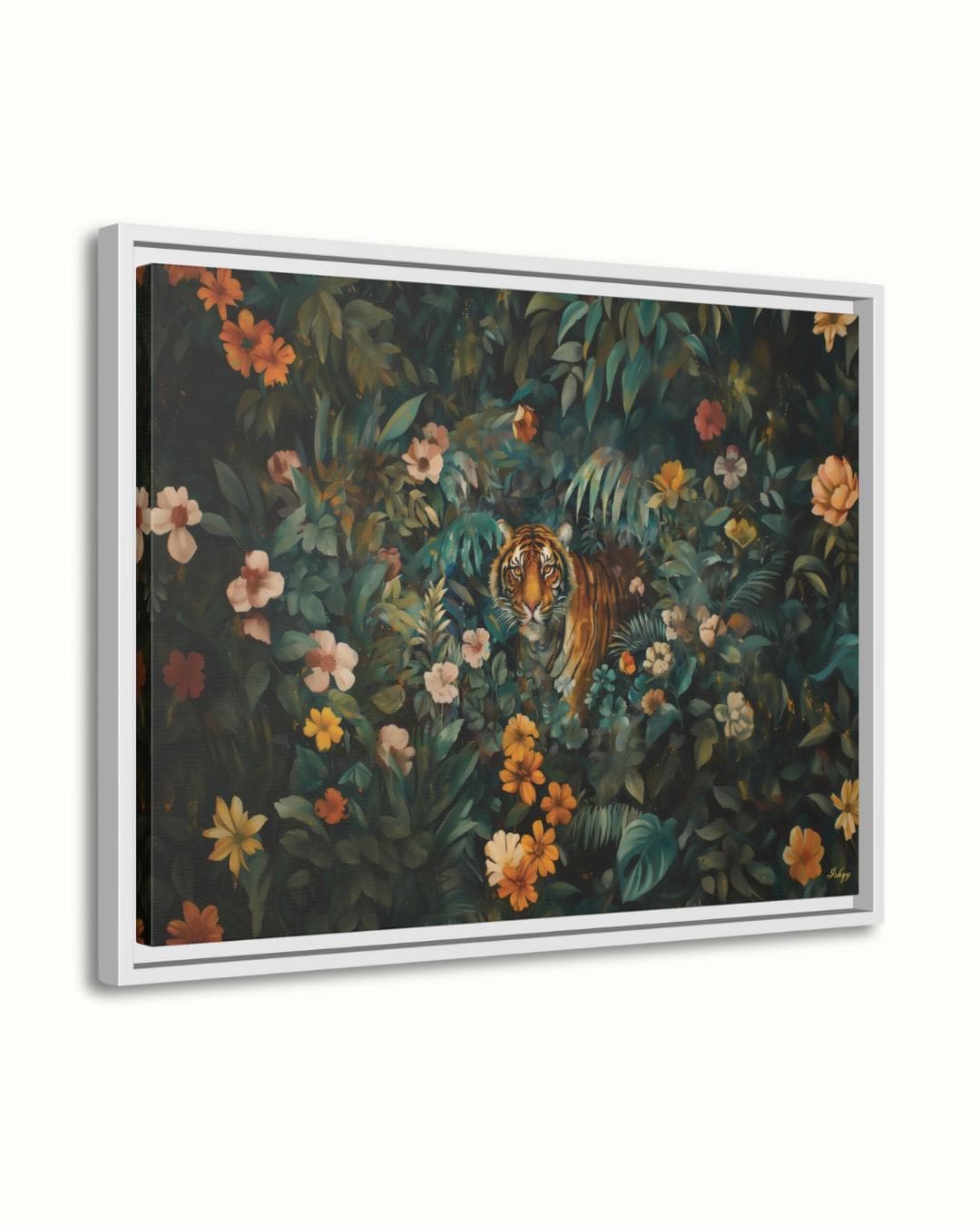 Tiger Wall Art Jungle Print, Floral Safari Animal Canvas, Dark Jungle Wall Decor, Bold Nature Painting, Wildlife Canvas for Home Decor