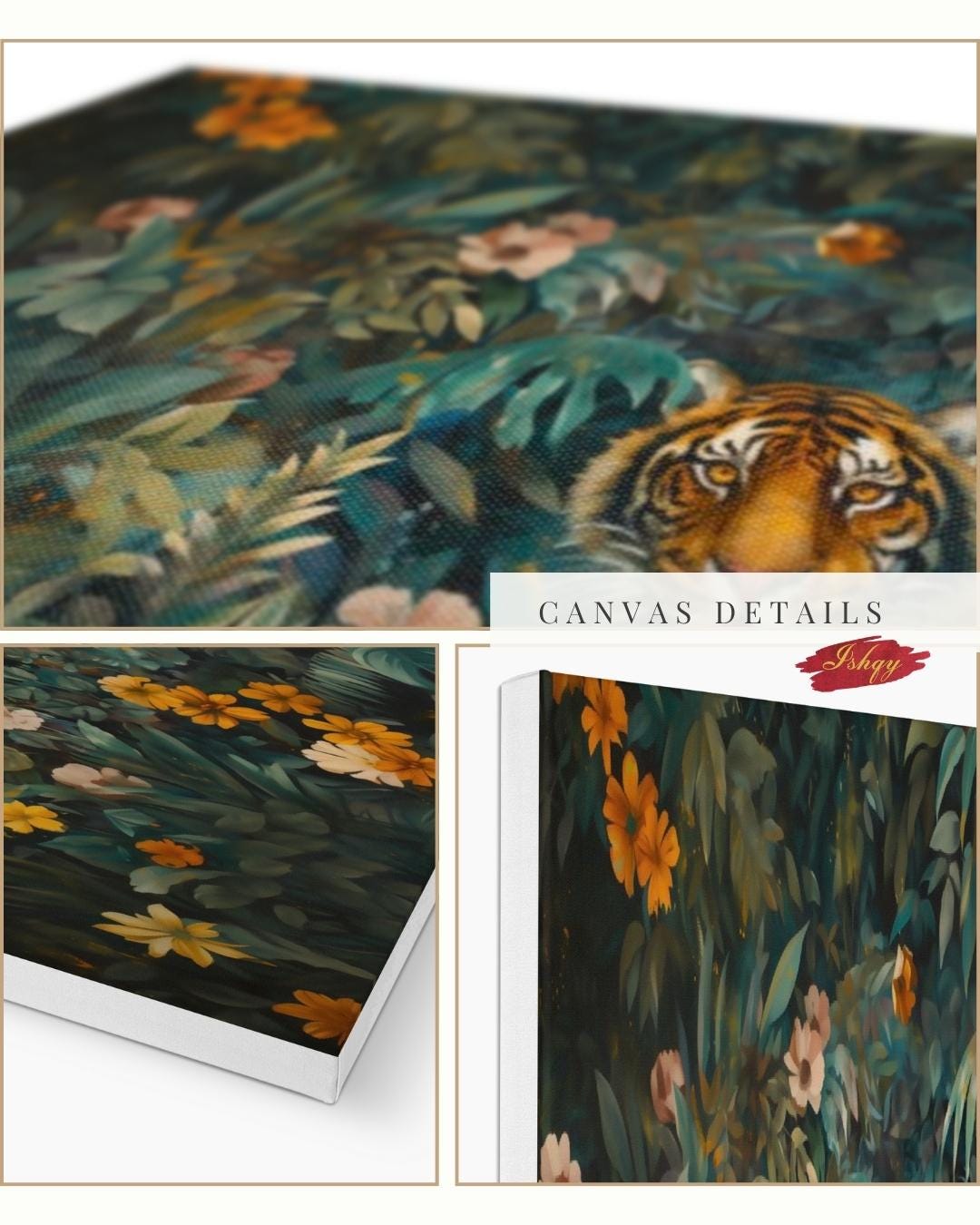 Tiger Wall Art Jungle Print, Floral Safari Animal Canvas, Dark Jungle Wall Decor, Bold Nature Painting, Wildlife Canvas for Home Decor