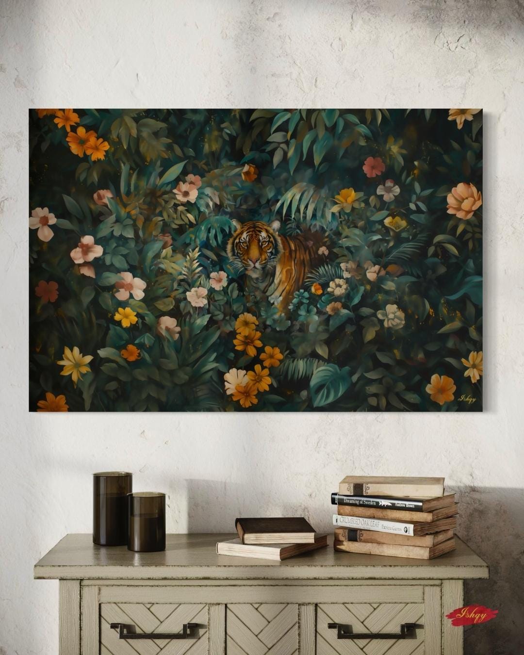 Tiger Wall Art Jungle Print, Floral Safari Animal Canvas, Dark Jungle Wall Decor, Bold Nature Painting, Wildlife Canvas for Home Decor
