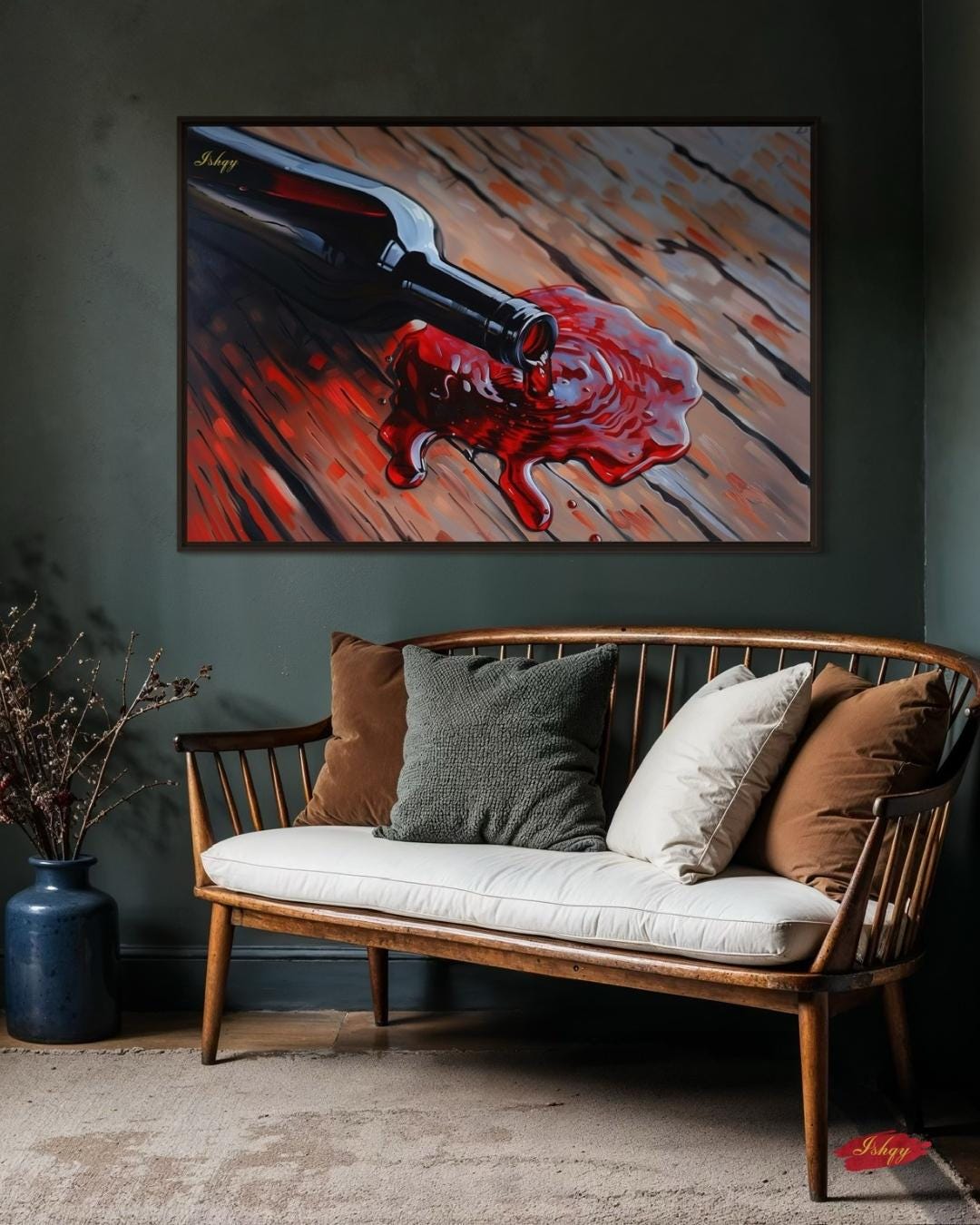 Spilled Vintage | Wine Bottle Wall Art Canvas Print | IshqyBusiness. Spilled Vintage wine bottle art print with rustic wood & rich red hues. Canvas & framed canvas painting print for dining room or kitchen decor.