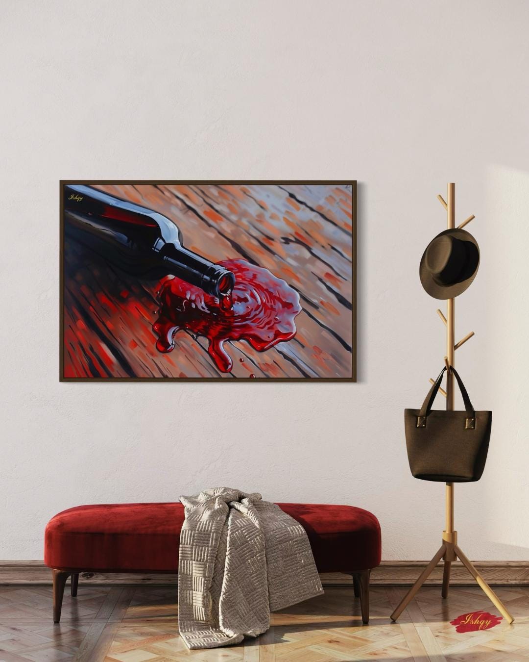 Spilled Vintage | Wine Bottle Wall Art Canvas Print | IshqyBusiness. Spilled Vintage wine bottle art print with rustic wood & rich red hues. Canvas & framed canvas painting print for dining room or kitchen decor.