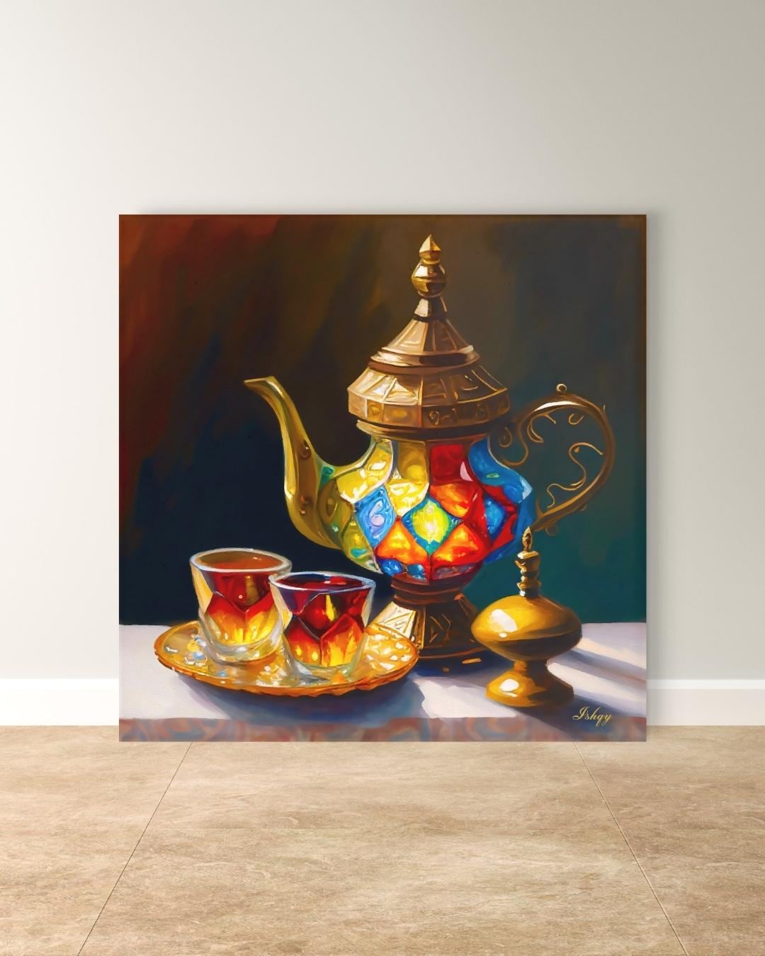 Şafak | Turkish Tea Set Wall Art Canvas Print | IshqyBusiness. Şafak Turkish tea set art print with glowing hues & ornate details. Canvas & framed canvas painting print for kitchen or dining room decor.