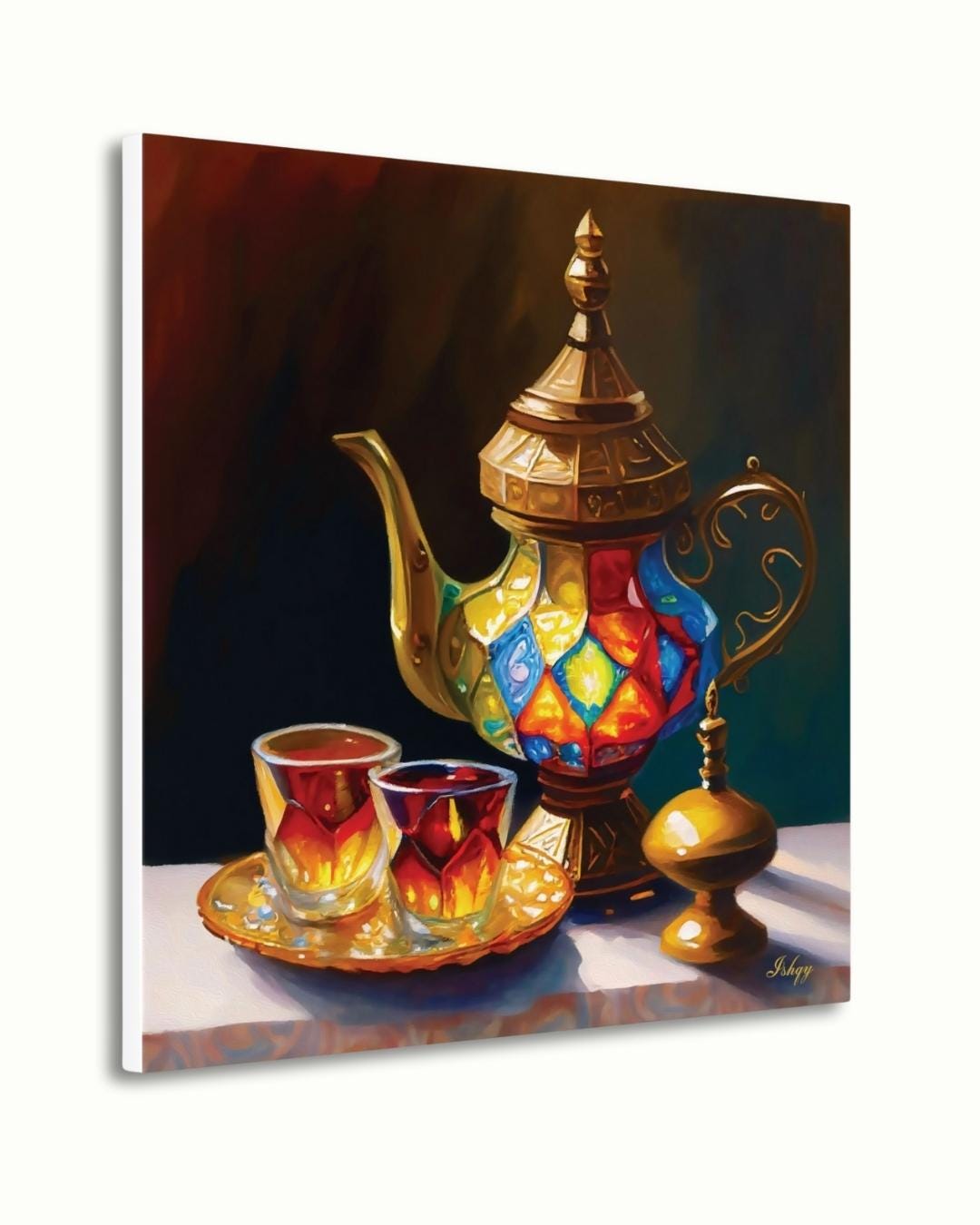 Şafak | Turkish Tea Set Wall Art Canvas Print | IshqyBusiness. Şafak Turkish tea set art print with glowing hues & ornate details. Canvas & framed canvas painting print for kitchen or dining room decor.